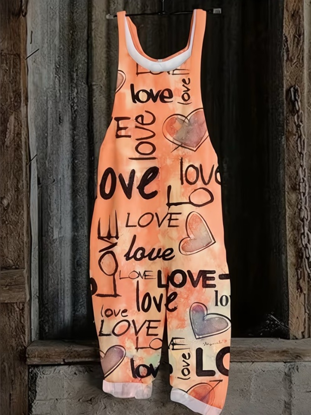 Orange 'Love' Graphic Tank Romper with Heart Motifs